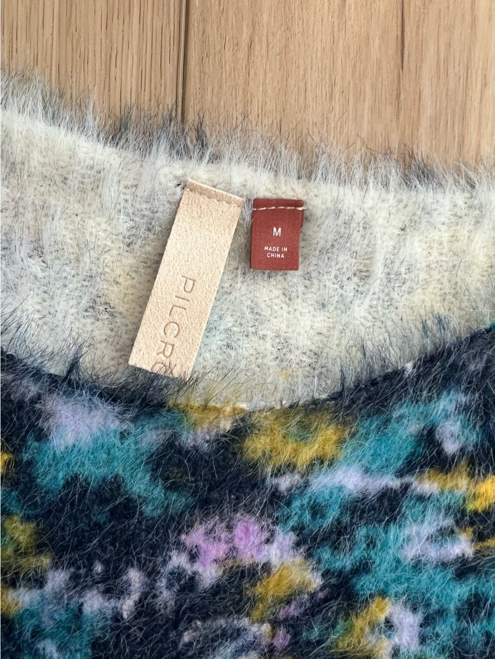 Pilcro Off-the-Shoulder Fuzzy Floral Sweater - Blue Multi. Size M - Picture 9 of 11